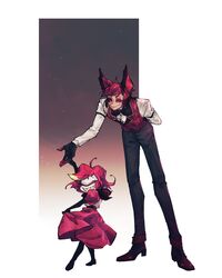  1boy alastor_(hazbin_hotel) animification black_pants brown_footwear closed_eyes dancing demon_boy demon_girl dress female grin hazbin_hotel highres jelly_bear2 niffty_(hazbin_hotel) one-eyed pants red_dress red_eyes red_hair sharp_teeth short_hair smile teeth 