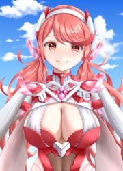  absurdres alternate_costume alternate_hairstyle bad_id bad_pixiv_id breasts chest_jewel cleavage cleavage_cutout clothing_cutout eilier_project female gloves headpiece heart heart_hands highres large_breasts long_hair looking_at_viewer pink_hair prototype_design pyra_(xenoblade) pyra_(xenoblade)_(prototype) red_eyes red_hair smile solo swept_bangs tiara twintails very_long_hair white_gloves xenoblade_chronicles_(series) xenoblade_chronicles_2 