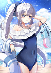  absurdres bare_arms bare_legs bare_shoulders blue_archive blue_halo blue_one-piece_swimsuit blush casual_one-piece_swimsuit commentary cowboy_shot female frilled_one-piece_swimsuit frills grey_hair halo highres kuromiz long_hair looking_at_viewer miyako_(blue_archive) miyako_(swimsuit)_(blue_archive) off-shoulder_one-piece_swimsuit off_shoulder official_alternate_costume official_alternate_hairstyle one-piece_swimsuit open_mouth ponytail purple_eyes smile solo swimsuit 