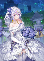  absurdres bare_shoulders bee_hair_ornament bell blue_sky bouquet breasts bridal_veil bride castle choker cleavage clothes_lift collarbone commission cowboy_shot dress dress_lift elbow_gloves eoe female fireworks flower garter_straps gloves grand_piano grass highres holding holding_bouquet instrument jewelry lace-trimmed_thighhighs layered_dress lifting_own_clothes light_particles long_dress looking_at_viewer multicolored_hair night night_sky off_shoulder pendant piano pink_eyes pink_hair purple_flower purple_rose railing rose second-party_source short_hair sky smile solo streaked_hair thighhighs veil virtual_youtuber wedding_dress white_choker white_dress white_gloves white_hair white_thighhighs white_veil xiaochaibao you&#039;en_(eoe) zettai_ryouiki 