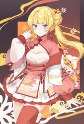  blonde_hair blue_eyes blunt_bangs blush braid braided_bun breasts chinese_clothes cleavage earrings female hair_bun hair_ornament hair_stick hand_up high_collar highres jacket jewelry kotake_8 long_hair long_sleeves looking_at_viewer nail_polish off_shoulder original side_ponytail single_side_bun smile solo standing standing_on_one_leg tassel tassel_earrings thighhighs 