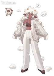  absurdres blush cable_knit cardigan crop_top dark-skinned_female dark_skin female highres jewelry lamball long_hair long_sleeves looking_at_viewer midriff musical_note necklace off_shoulder open_cardigan open_clothes pal_(creature) palworld pants personification simple_background sleeves_past_fingers sleeves_past_wrists smile solo spoken_musical_note white_background white_hair white_pants wonbin_lee yellow_eyes 