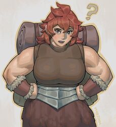  ? arm_guards armor artist_name backpack bag bare_shoulders breasts brown_shirt commentary cowboy_shot dungeon_meshi dwarf english_commentary female fur_trim grey_eyes hair_between_eyes hands_on_own_hips highres large_breasts looking_at_viewer m4rjinn medium_hair muscular muscular_female namari_(dungeon_meshi) open_mouth pelt plate_armor red_hair shirt simple_background sleeveless sleeveless_shirt solo tight_clothes tight_shirt white_background 