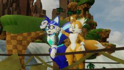  16:9 3d_(artwork) anthro canid canine chest_crystal chrystix_(twintails3d) crystal digital_media_(artwork) duo eyewear fan_character fox gesture glasses hand_gesture heterochromia hi_res leaning leaning_forward male mammal pointing sega sonic_the_hedgehog_(series) tail tails twintails3d wide_hipped_male wide_hips widescreen 