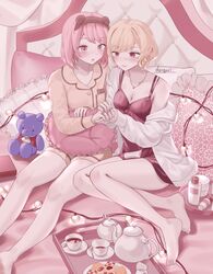  2girls absurdres bare_shoulders blonde_hair breasts citrinne_(fire_emblem) cleavage commentary_request cookie fire_emblem fire_emblem_engage food hairband highres lapis_(fire_emblem) medium_breasts multiple_girls on_bed pillow pink_eyes pink_hair red_eyes sakuramotikun short_hair tea_party teapot tray 