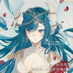  bcy_username blue_eyes blue_hair breasts chinese_text cleavage cleavage_cutout closed_mouth clothing_cutout collared_dress colored_eyelashes dazi_ranranran dress earrings english_text female floating_hair flower grey_background high_collar horns jewelry large_breasts leaf light_blush light_frown long_hair looking_ahead mixed-language_text original petals plant shoulder_pads single_earring solo spider_lily third-party_source thorns upper_body vines white_dress white_horns 