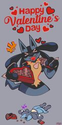  ambiguous_gender anthro biped black_body blue_body candy chocolate darkluxia dessert english_text food fur generation_4_pokemon grey_background heart_symbol holidays lucario nintendo open_mouth poisoned pokemon pokemon_(species) simple_background solo tan_body tan_fur text valentine&#039;s_day 