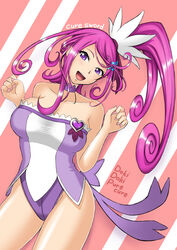  adapted_costume breasts brooch choker copyright_name cure_sword dokidoki!_precure female hair_ornament heart heart_brooch high_ponytail highres jewelry kagibane kenzaki_makoto leotard magical_girl open_mouth pink_background ponytail precure purple_choker purple_eyes purple_hair purple_leotard short_hair smile solo spade_hair_ornament striped_background 