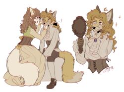  absurd_res anthro blonde_hair canid canine classy clothing corset curled_hair digital_media_(artwork) duo edgar_vladilisitsa female femboy fox girly/female hair hi_res lingerie male male/female mammal mirror sophie_vulpina_nore tatujapa topwear victorian 