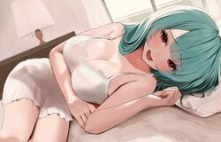  absurdres aqua_hair bed blunt_bangs breasts breasts_day cleavage commentary_request female good_breasts_day highres hoshino_supika lace-trimmed_nightgown lamp large_breasts long_hair looking_at_viewer lying masquerade_channel nightgown on_bed on_side open_mouth oreazu pillow red_eyes smile solo virtual_youtuber white_nightgown window 