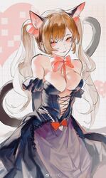  absurdres animal_ears bad_link black_cat_d.va black_dress black_skirt breasts brown_hair cat_ears cat_tail d.va_(overwatch) detached_sleeves dress female hair_ornament hair_ribbon highres large_breasts long_hair long_sleeves messikid overwatch overwatch_1 pink_ribbon red_eyes ribbon skirt solo tail twintails 