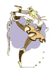  blonde_hair boots closed_eyes commentary_request detached_sleeves drill_hair female fingerless_gloves from_side gloves gun hair_ornament hat magical_girl mahou_shoujo_madoka_magica mahou_shoujo_madoka_magica_(anime) photoshop_(medium) profile revision shoe_dangle sigumado66 skirt solo standing striped_clothes striped_thighhighs thighhighs tiptoes tomoe_mami tomoe_mami_(magical_girl) twintails vertical_stripes weapon yellow_skirt 