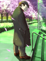  1boy blurry brown_footwear brown_hair cherry_blossoms cigarette closed_mouth cloud cloudy_sky coat commentary_request darker_than_black depth_of_field facial_hair flat_cap from_side frown full_body grass hands_in_pockets hat highres huang_(darker_than_black) kaazu lamppost long_coat long_sleeves male_focus night night_sky open_clothes open_coat outdoors pants petals profile railing scenery shoes sky solo stairs standing stubble tree 