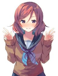  bad_id bad_pixiv_id blush cardigan female hands_up long_sleeves looking_at_viewer love_live! love_live!_school_idol_project medium_hair neckerchief nishikino_maki open_mouth pink_eyes red_hair school_uniform serafuku simple_background solo striped striped_neckerchief ultone_(neisiss) upper_body white_background 