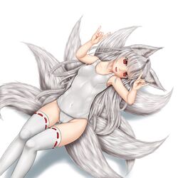  animal_ears bad_id bad_pixiv_id commentary_request female fox_ears fox_tail grey_hair highres long_hair multiple_tails old_school_swimsuit one-piece_swimsuit original partial_commentary red_eyes ribbon-trimmed_legwear ribbon_trim school_swimsuit solo swimsuit tail tenyoshi_(briansept) thighhighs white_one-piece_swimsuit 