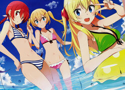  3girls :d absurdres bikini blonde_hair blue_eyes bow breasts cleavage day flat_chest flying_sweatdrops frilled_bikini frills front-tie_top green_bikini hair_ornament hairbow hairclip highres innertube joukamachi_no_dandelion kasuga_ayumu_(haruhipo) long_hair low_twintails multiple_girls navel ocean open_mouth outdoors pink_bikini polka_dot polka_dot_background red_eyes red_hair sakurada_akane sakurada_hikari satou_hana small_breasts smile striped_bikini striped_clothes swim_ring swimsuit twintails v v_over_eye wading water 