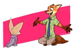  2016 abstract_background anthro barefoot canid canine clothed clothing costume disney duo elephant_costume feet fennec_fox finnick_(zootopia) fox fully_clothed fur furry_wearing_fursuit fursuit green_eyes kneeling long_ears male mammal mortic_ox necktie nick_wilde open_mouth orange_body orange_fur plantigrade red_fox simple_background standing suit tan_body tan_fur teeth tongue true_fox white_background zootopia 