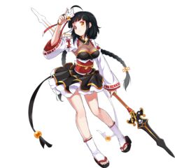  ahoge ankle_wrap ara_haan black_hair black_skirt braid breasts cleavage corset detached_sleeves elsword female full_body heterochromia little_specter_(elsword) long_hair medium_breasts official_art okobo polearm polearm_behind_back red_eyes sandals sando_(dukedevil) skirt smile solo spear tachi-e transparent_background twin_braids weapon yellow_eyes 