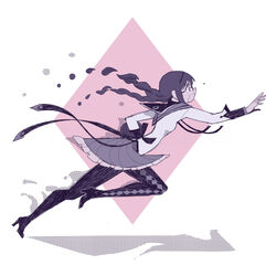  akemi_homura akemi_homura_(magical_girl) argyle_clothes argyle_legwear braid commentary_request dissolving female from_side glasses hairband high_heels long_hair magical_girl mahou_shoujo_madoka_magica mahou_shoujo_madoka_magica_(anime) open_mouth outstretched_arm pantyhose photoshop_(medium) purple_hair revision ribbon running shade shadow shield sigumado66 simple_background skirt solo spoilers twin_braids very_long_hair white_background 