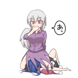  2girls accidental_exposure animal_ears breasts commentary_request covering_own_mouth cowgirl_position doremy_sweet dress grey_hair hat kishin_sagume kuroba_rapid large_breasts lying multiple_girls nightcap no_jacket on_back red_eyes short_dress single_wing sitting sitting_on_face sitting_on_person surprised sweatdrop tapir_ears thighs touhou translated unworn_hat unworn_headwear wide-eyed wings yuri 