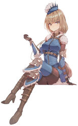  armor blue_hat blue_legwear blue_shirt bodystocking boots breasts brown_eyes brown_footwear brown_gloves brown_hair commentary_request crossed_legs elbow_pads female full_body gloves hat highres invisible_chair knee_pads looking_at_viewer medium_breasts monster_hunter:_world monster_hunter_(character) monster_hunter_(series) photoshop_(medium) shield shirt simple_background sitting solo tobi-kadachi_(armor) white_background xuan_(pixiv31113827) 