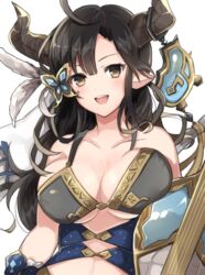  :d augusta_(granblue_fantasy) bad_id bad_twitter_id bare_shoulders black_hair breasts butterfly_hair_ornament cleavage collarbone commentary_request draph dress feather_hair_ornament feathers female granblue_fantasy hair_ornament highres horn_ornament horns large_breasts long_hair open_mouth pointy_ears simple_background smile solo upper_body white_background yellow_eyes yuzuru_(xxelysionxx) 