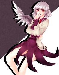  bad_id bad_pixiv_id bare_legs black_background covering_own_mouth dress expressionless female grey_hair jacket kishin_sagume red_eyes shadow shikkoku_neko short_dress short_hair simple_background single_wing solo touhou two-tone_background white_background wings 