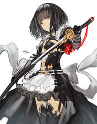  black_dress black_hair black_thighhighs breasts commentary_request cowboy_shot dated dress female garter_straps holding holding_sword holding_weapon long_sleeves looking_at_viewer medium_breasts parted_lips rayvon shadowverse sheath simple_background solo sumeragi_erika_(shadowverse) sword thighhighs unsheathing weapon white_background 