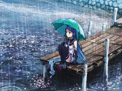  absurdly_long_hair bare_shoulders black_neckerchief black_thighhighs blue_eyes blue_hair blush commentary_request elbow_gloves female gloves holding holding_umbrella kantai_collection long_hair looking_away neckerchief outdoors parted_lips petals petals_on_liquid pier rain ripples sailor_collar samidare_(kancolle) school_uniform serafuku shirt sitting sleeveless sleeveless_shirt solo stone_wall swept_bangs thighhighs tsuta_no_ha umbrella very_long_hair wall water zettai_ryouiki 