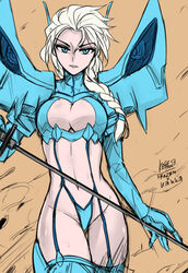  bad_link blonde_hair blue_eyes boots braid breasts cleavage cleavage_cutout clothing_cutout colorized cosplay elsa_(frozen) female flat_color frozen_(disney) garter_straps hair_ornament hair_over_shoulder hairclip highres junketsu kago-tan katana kill_la_kill kiryuuin_satsuki kiryuuin_satsuki_(cosplay) large_breasts long_hair navel revealing_clothes single_braid solo suspenders sword thigh_boots thighhighs tsurime unfinished weapon 