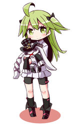  7th_dragon_(series) 7th_dragon_iii ahoge bike_shorts black_bow black_footwear black_shorts black_socks blush bow closed_mouth colored_shadow commentary_request female full_body green_eyes green_hair grey_hat hairbow hat hugging_object jacket kneehighs long_hair looking_at_viewer miniskirt mio_(7th_dragon) naga_u nagamimi_(7th_dragon) pink_bow pleated_skirt shadow short_shorts shorts skirt smile socks solo standing stuffed_animal stuffed_rabbit stuffed_toy top_hat two_side_up very_long_hair white_background white_jacket white_skirt 