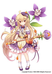  ahoge belt beret blonde_hair bobby_socks bracelet breasts commentary_request dress female flower flower_knight_girl full_body hat holding holding_staff holding_weapon jewelry kuko_(flower_knight_girl) long_hair looking_at_viewer name_connection object_namesake official_art purple_footwear red_eyes shiodome_oji shoes small_breasts smile socks solo staff standing tachi-e tilted_headwear weapon white_background white_socks 