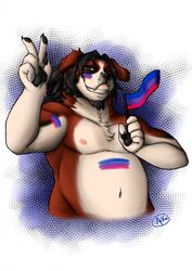  anthro barazoku bisexual_pride_colors bodypaint canid canine canis domestic_dog english_text face_paint facial_hair flag flag_(object) flag_(shape) flag_bodypaint flag_design fujiokaaika goatee grin half-length_portrait hi_res holding_flag holding_object lgbt_pride looking_at_viewer male mammal molosser moobs mountain_dog musclegut muscular muscular_anthro muscular_male nipples overweight overweight_anthro overweight_male portrait pride_color_bodypaint pride_color_face_paint pride_color_flag pride_colors saint_bernard signature smile solo text 