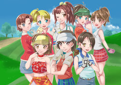  6+girls aya_(minna_no_golf) blonde_hair blue_eyes brown_eyes brown_hair clap_hanz gloves jasmine_(minna_no_golf) kumi_(minna_no_golf) long_hair marina_(minna_no_golf) may_(minna_no_golf) minna_no_golf nanako_(minna_no_golf) plaid plaid_skirt ponytail short_hair shorts side_ponytail single_glove skirt visor wink yumeri_(minna_no_golf) yuna_(minna_no_golf) 