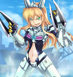  arm_blade australia blonde_hair bridge clothing_cutout commentary_request dos_(james30226) female green_eyes headgear long_hair mecha_musume navel navel_cutout pacific_rim personification photoshop_(medium) solo striker_eureka sydney sydney_opera_house weapon 