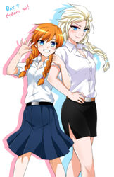  2girls anna_(frozen) arm_hug bad_id bad_pixiv_id belt blonde_hair blue_eyes blush braid contemporary elsa_(frozen) eyeshadow freckles frozen_(disney) grin highres kago-tan makeup multiple_girls orange_hair pencil_skirt pleated_skirt shirt short_sleeves siblings side_slit single_braid sisters skirt smile twin_braids waving 