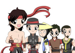  5boys armband armor belt big_eyes black_hair brown_eyes brown_hair chibi crossed_arms dark_green_hair deviantart error fist goatee green_eyes grey_eyes happy hat headband kanji kung_lao liu_kang long_hair looking_at_viewer looking_over male_focus mortal_kombat multiple_boys muscle necklace no_pupils raiden_(mortal_kombat) rondoofeclipse shirtless short_hair shujinko_(mortal_kombat) simple_background smile smirk taven white_background white_eyebrows wristband younger 