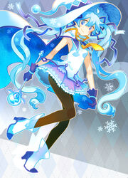  argyle_background blue_eyes blue_hair boots cape commentary_request female gloves hat hatsune_miku high_heels long_hair pantyhose skirt smile snowflakes solo suki!_yuki!_maji_magic_(vocaloid) teki_(kakari) twintails very_long_hair vocaloid wand witch_hat yuki_miku yuki_miku_(2014) 