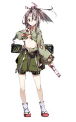  aircraft airplane bad_anatomy blush bow_(weapon) brown_eyes brown_hair burnt_clothes camouflage covering_breasts covering_privates damaged female frown full_body hachimaki hair_ribbon hakama hakama_skirt headband high_ponytail holding holding_bow_(weapon) holding_weapon japanese_clothes kantai_collection konishi_(koconatu) light_brown_hair long_hair long_sleeves looking_at_viewer official_art okobo ponytail ribbon sandals skirt solo tachi-e transparent_background weapon zuihou_(kancolle) zuihou_kai_(kancolle) 