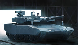  artist_name black_hair bundeswehr commentary_request dead-robot eisernes_kreuz female gun leopard_2 machine_gun military military_vehicle motor_vehicle original short_hair tank warehouse weapon 