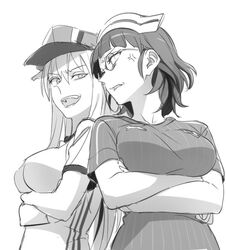  2girls alternate_costume anger_vein bad_id bad_twitter_id bismarck_(kancolle) breasts commentary euro_2016 eyebrows eyewear_strap germany glasses greyscale hat italy kantai_collection kinosuke_(sositeimanoga) large_breasts long_hair monochrome multiple_girls open_mouth peaked_cap roma_(kancolle) short_hair soccer soccer_uniform sportswear 