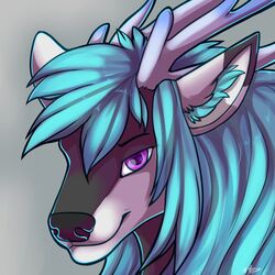  1:1 ambiguous_gender anthro antlers blue_hair deer digital_media_(artwork) hair horn kellwolfik looking_at_viewer mammal shaded simple_background smile solo 