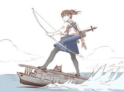  aircraft_carrier bow_(weapon) brown_hair commentary_request female historical_name_connection ishii_hisao kaga_(aircraft_carrier) kaga_(kancolle) kantai_collection meme military military_vehicle name_connection object_namesake quiver ship side_ponytail solo thighhighs vehicle_and_personification warship watercraft waterskiing_(meme) weapon 