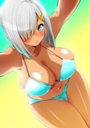  bare_shoulders bikini blue_bikini blue_eyes breasts cleavage commentary_request female grey_hair hair_ornament hair_over_one_eye hairclip hamakaze_(kancolle) huge_breasts kantai_collection looking_at_viewer navel perepere-kun pout short_hair solo swimsuit tan thighs 