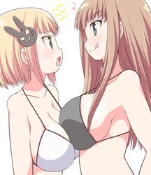  2girls :q anger_vein asymmetrical_docking bad_id bad_pixiv_id bare_shoulders bikini bikini_top_only black_eyes blush breast_press breasts eighth_note from_side furrowed_brow hair_ornament height_difference huge_breasts looking_at_another miyasako_nako multiple_girls musical_note official_art open_mouth rabbit_hair_ornament rectangular_mouth serebi_ryousangata sideboob simple_background smile string_bikini swimsuit tongue tongue_out usami_mimi_(uzanee!!) uzanee!! white_background 