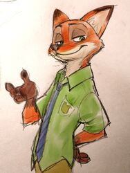  2016 3:4 anthro badge biped canid canine clothed clothing disney fox fully_clothed fur green_eyes half-closed_eyes hand_behind_back male mammal mortic_ox narrowed_eyes necktie nick_wilde orange_body orange_fur red_fox smile solo standing traditional_media_(artwork) true_fox zootopia 