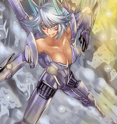  blue_eyes breasts cleavage commentary_request coyote_tango dos_(james30226) female headgear large_breasts mecha_musume pacific_rim personification photoshop_(medium) shoulder_cannon silver_hair solo 