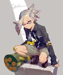  1boy bandaid bandaid_on_knee bandaid_on_leg black_footwear black_jacket boots commentary_request copyright_name crack dated grey_hair half-closed_eye holding inkling inkling_boy inkling_player_character jacket long_sleeves looking_at_viewer male_focus mini_splatling_(splatoon) paint_gun ponytail solo splatoon_(series) squatting tentacle_hair uneven_eyes weapon yamakawa zipper 