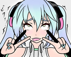  ahe_gao aqua_hair commentary_request denka_plus double_v female fingerless_gloves flat_color gloves hatsune_miku hatsune_miku_(append) long_hair nail_polish portrait rolling_eyes solo tda_model_(mikumikudance) tears tongue tongue_out trembling twintails v vocaloid vocaloid_append yellow_eyes 