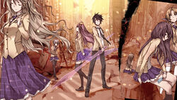  1boy 6+girls ahoge aoi_sena black_legwear blazer blonde_hair blue_hair blue_skirt building car chaos;head closed_eyes commentary_request food hair_ribbon highres holding holding_sword holding_weapon jacket kishimoto_ayase kusunoki_yua kuusou_ryodan long_hair long_sleeves looking_away looking_to_the_side looking_up motor_vehicle multiple_girls necktie nishijou_nanami nishijou_takumi orihara_kozue photoshop_(medium) pink_hair plaid plaid_skirt pleated_skirt popsicle profile ribbon ruins sakihata_rimi school_uniform shirt short_hair silver_hair sitting skirt sword thighhighs wariza weapon white_shirt yellow_eyes zettai_ryouiki 